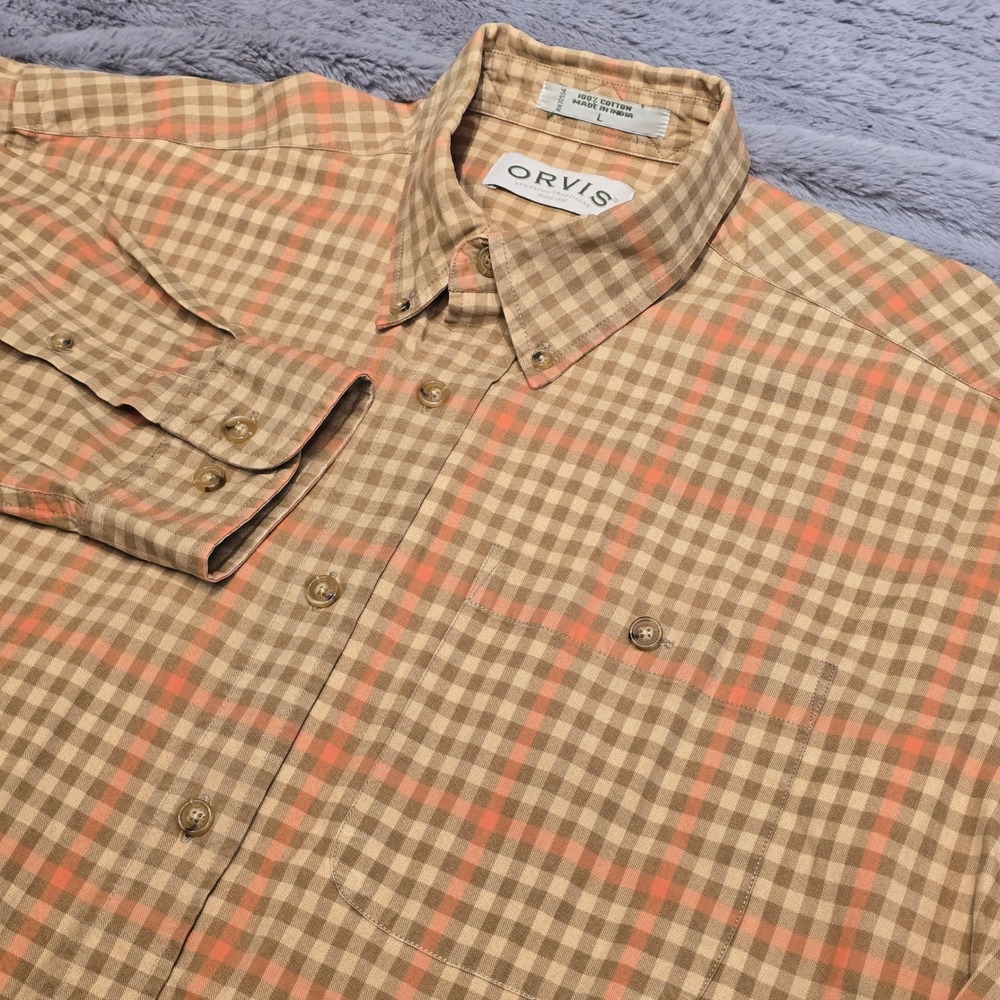 Orvis‎ Mens Large Button Down Shirt Tan Orange Plaid Cotton Long Sleeve RN70534